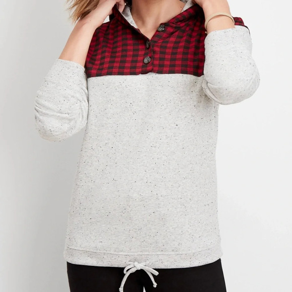 Maurices Gray & Red Buffalo Plaid Tie Front Mixer Sweatshirt Small Women’s - Picture 1 of 13